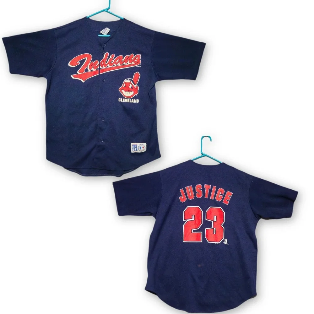 True Fan Cleveland Indians Jersey Mens L Navy David Justice 23 Vintage 1999 MLB